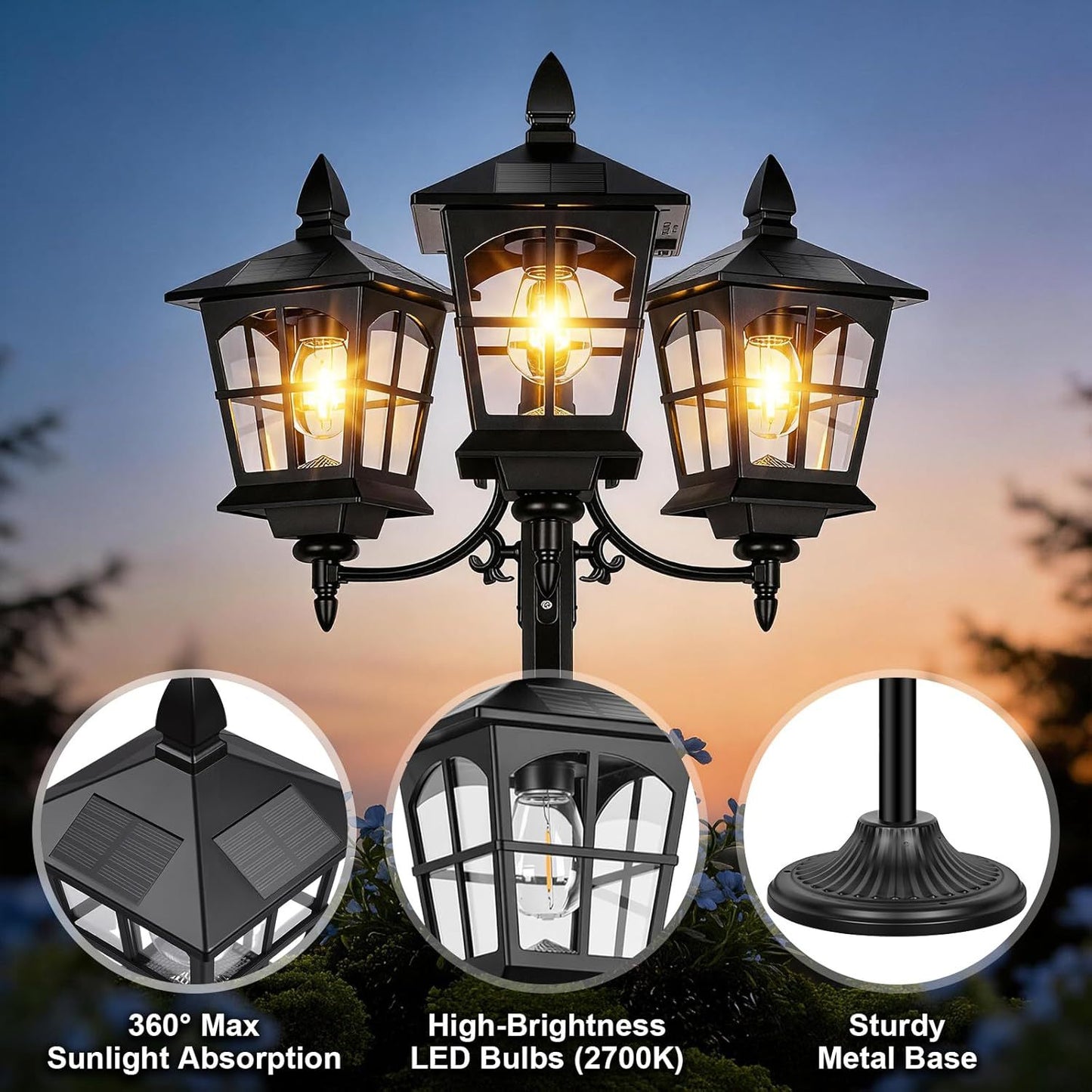 Three-head Solar Street Light Outdoor Post Lamp Waterproof For Outdoor Use