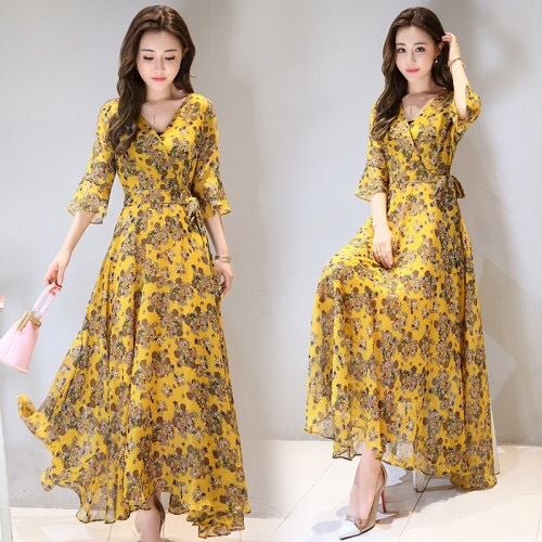 Summers New Slim-fit Floral-print Chiffon-look Dress