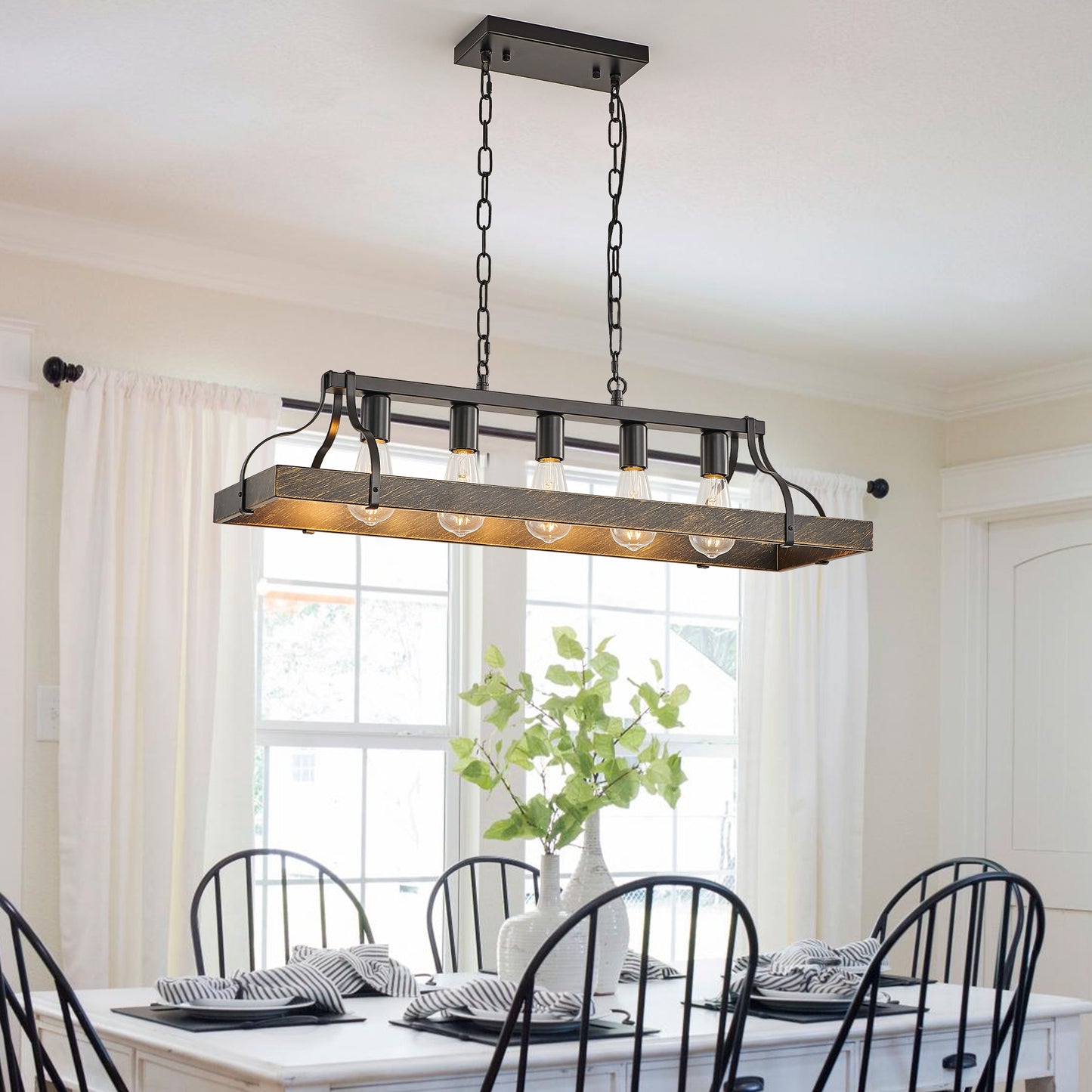34-Inch Black Gold Vintage Pendant Light, 5 E26 Bulb Sockets, Adjustable Chain Height  Antique Style Chandelier For Dining Room, Kitchen, Or Living Room Bulb Not Included