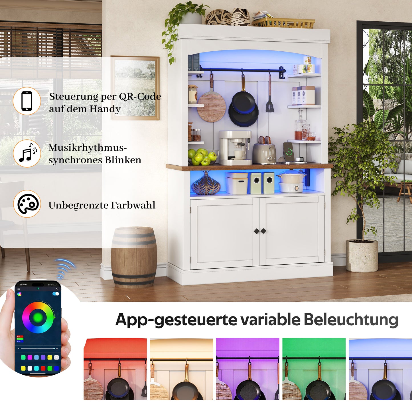 183cm Kitchen Cabinet With LED Lighting And Socket, Pantry Cabinet, Display Cabinet And Wine Cabinet With Hook For Kitchen, Dining Room, Study And Bedroom