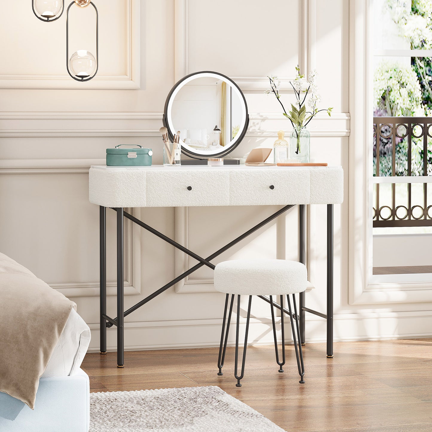 Dressing Table With Lighting And Stool, Dressing Table With LED Mirror, 2 Drawers, Table Top With Marble Look, Modern Cosmetic Table With Fleece Decoration, Black & White, 100x40x120cm
