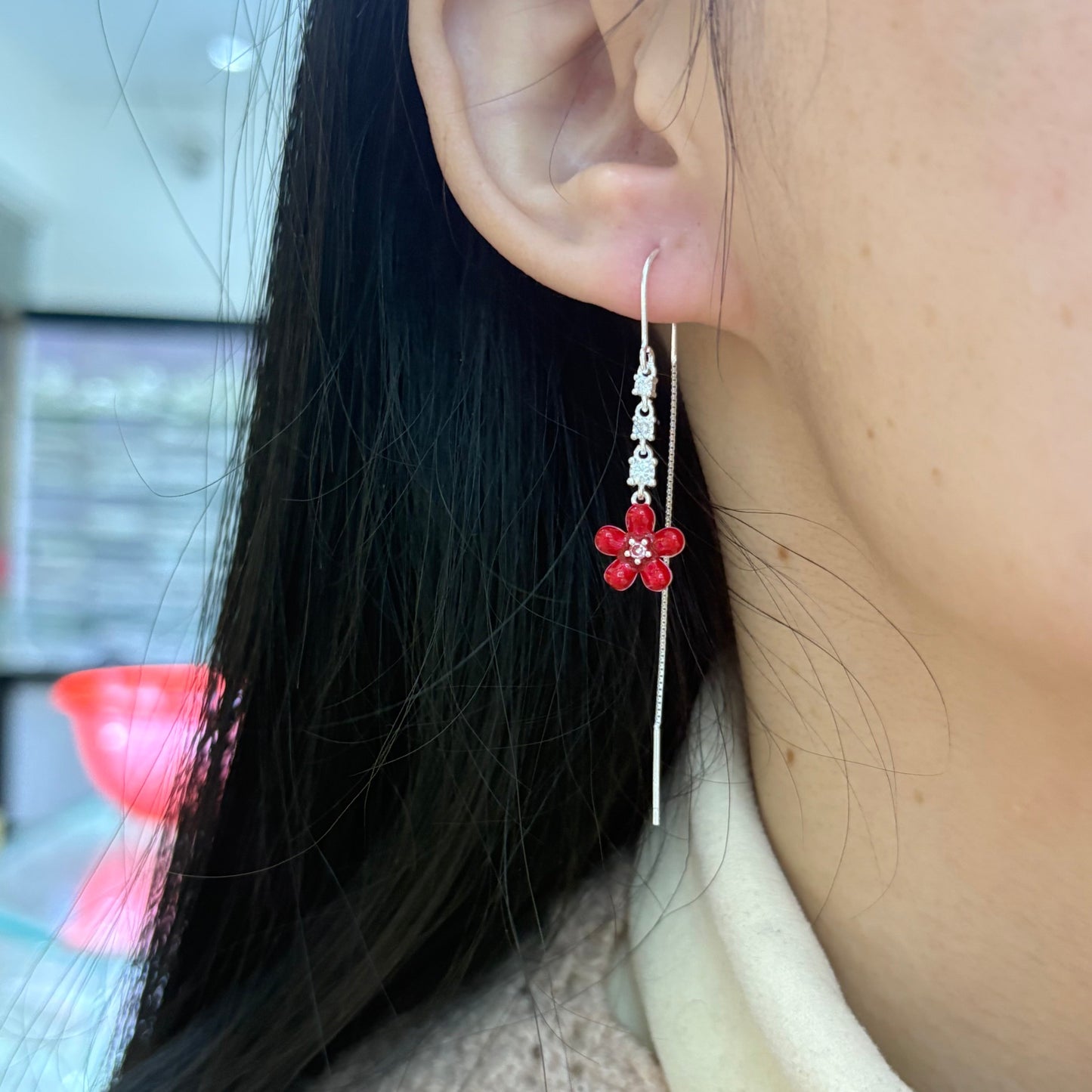 1 Pair 999 Sterling Silver Red Flower Zircon Long Threader Earrings, Sweet & Elegant, Perfect For Daily, Dating & Gifting, Ideal Valentine's Gift