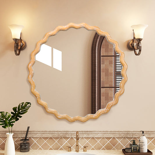 27.5 Inches Round Wavy Wall Mirror For Bathroom Vanity, Wooden Farmhouse Circle Mirrors For Bedroom, Entryway, Living Room, Kithen Whitewash Edge Decorative Mirror For Home, Office