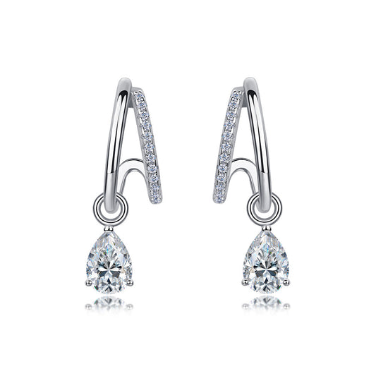 S925 Sterling Silver Double Hoop Drop Earrings, 5x7mm Pear Cut D-VVS1 Moissanite, Platinum Plated 3g Elegant Women's Jewelry Gift Box