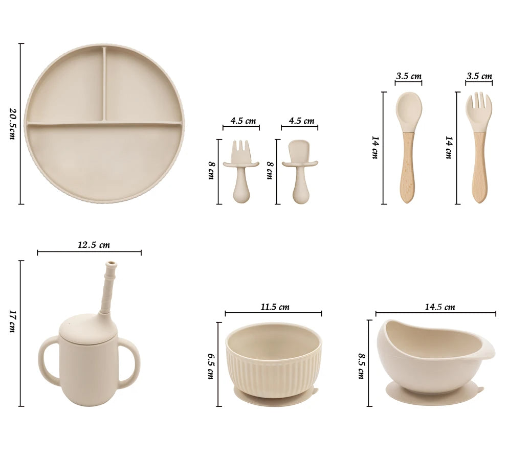 Baby Silicone Cookware Feeding Plate Bowl Set Non-Slip Suction Food Dishes Drinking Cup BPA Free Fork Spoon Children's Tableware