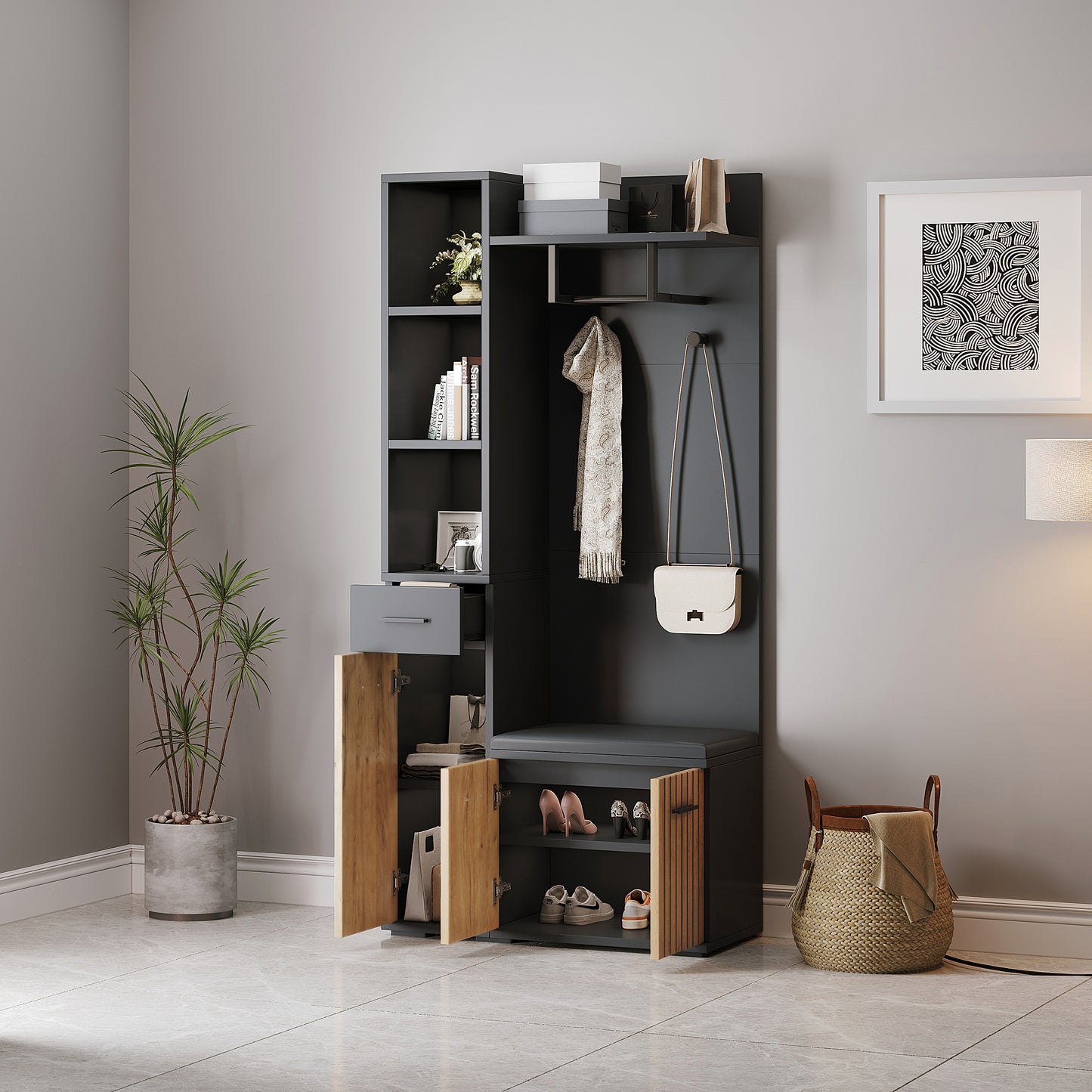 N625P313944945Z 80x35x175cm Compact Coat Racks,Home, Storage Cabinet With 2 Coat Hooks,Wardrobe Set Entrance Cabinet, Coat Rack With Shoe Bench,Upholstered Wardrobe,Black  Wood Color