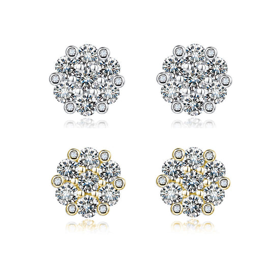 S925 Sterling Silver Floral Cluster Stud Earrings, 3mm D-VVS1 Moissanite Pave, Platinum Plated 2.5g Women's Jewelry Gift Box Set