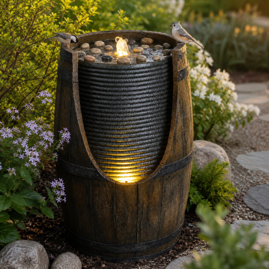 Outdoor Water Fountain With Bird Waterer, Rustic Barrel Garden Fountain With LED Lights And Pump, Faux Wood Resin Water Feature For Patio Backyard Porch Yard