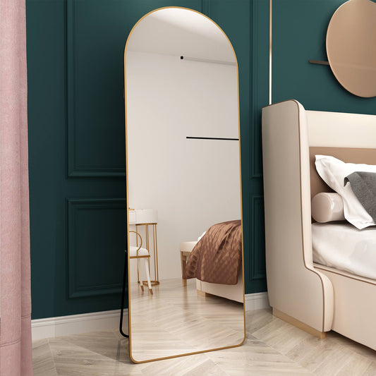 The 4st Generation Of Floor Mounted Full Length Mirrors. Aluminum Alloy Metal Frame Arched Wall Mirror, Bathroom Makeup Mirror, Bedroom Porch, Clothing Store.Gold Frame.64.9 Inx 23.2in