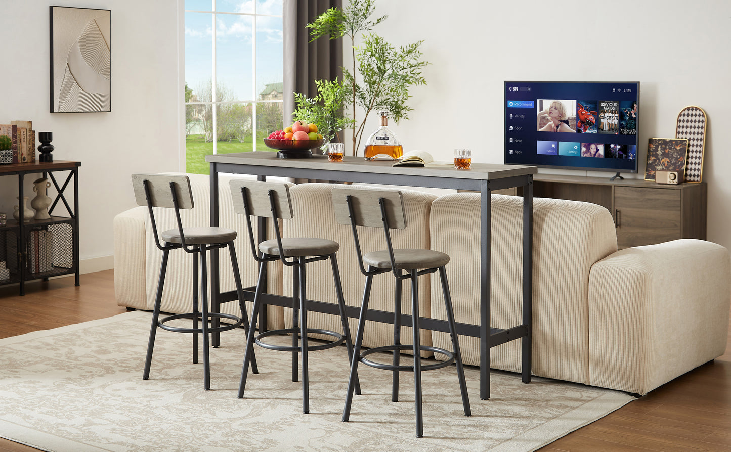 Long Bar Table With 3 Upholstered PU Bar Stools, Industrial Bar Table And Chairs For Kitchen, Breakfast Room, Living Room, Banquet Hall, In Rustic Gray And Black