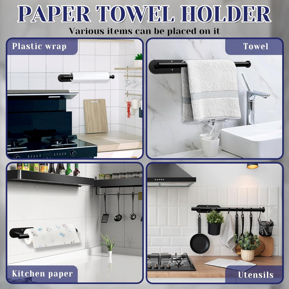 Black Under-Cabinet Paper Towel Holder - Self Adhesive & Drill Mount Stainless Steel Organizer
