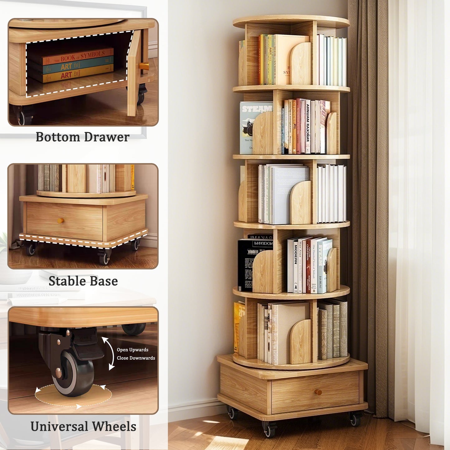 6 Tier Rotating Bookshelf,   Display Round Spinning Bookshelf With Wheels And Drawer, Space-Saving, Small Space Rotating Bookshelf Tower For Bedroom, Living Room, Home, Office, Wood Color