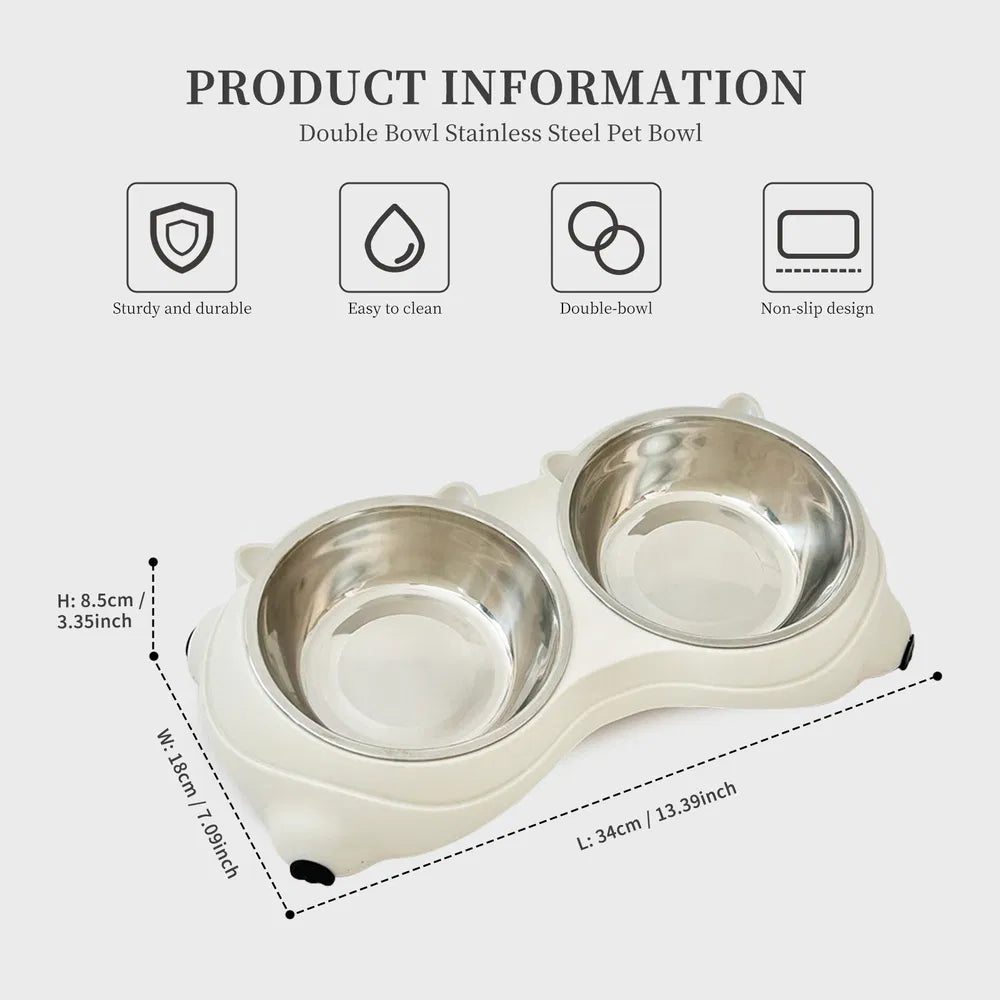 Anti Slip Base Double Cat Food Bowl, White Stainless Steel Food And Water Bowl, Easy To Clean And Detachable Design, Cat And Dog Pet Feeder