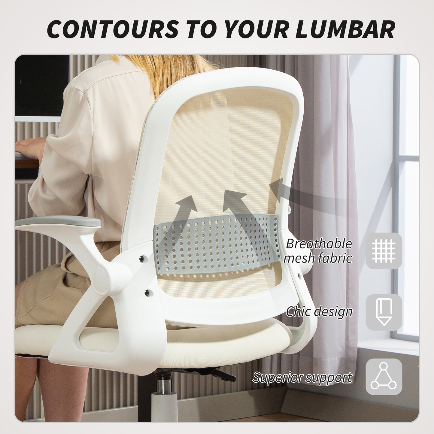 Breathable Mesh Office Chair, Ergonomic Swivel Computer Chair With Flip-up Armrests, Lumbar Back Support For Home/Office, White
