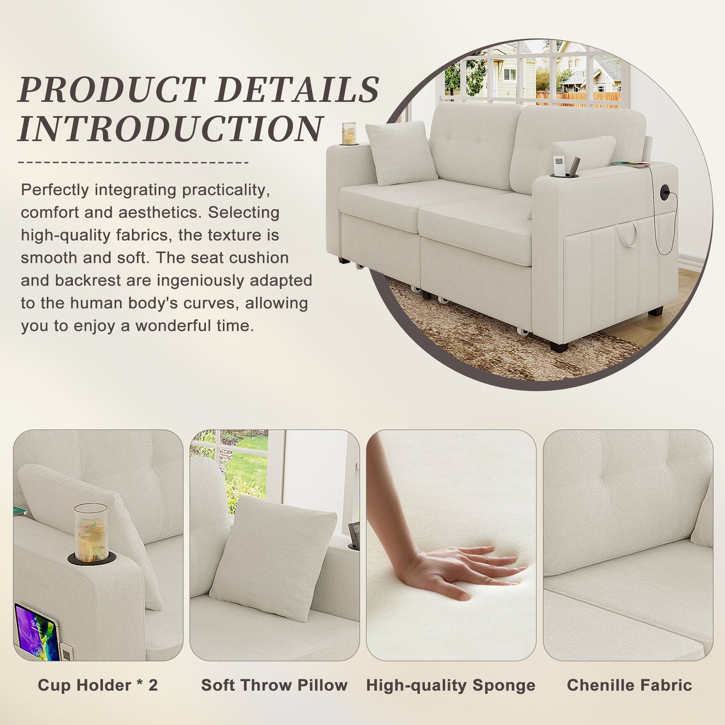 Sofas For Living Room, Couch Set,3 Seats Sofa, USB Charging,Wood Frame,Easy To Install,with Storage, Charging Station,Cup Holder,Modern Sectional Sofas For Living Room, Apartment,Chenille Fabric