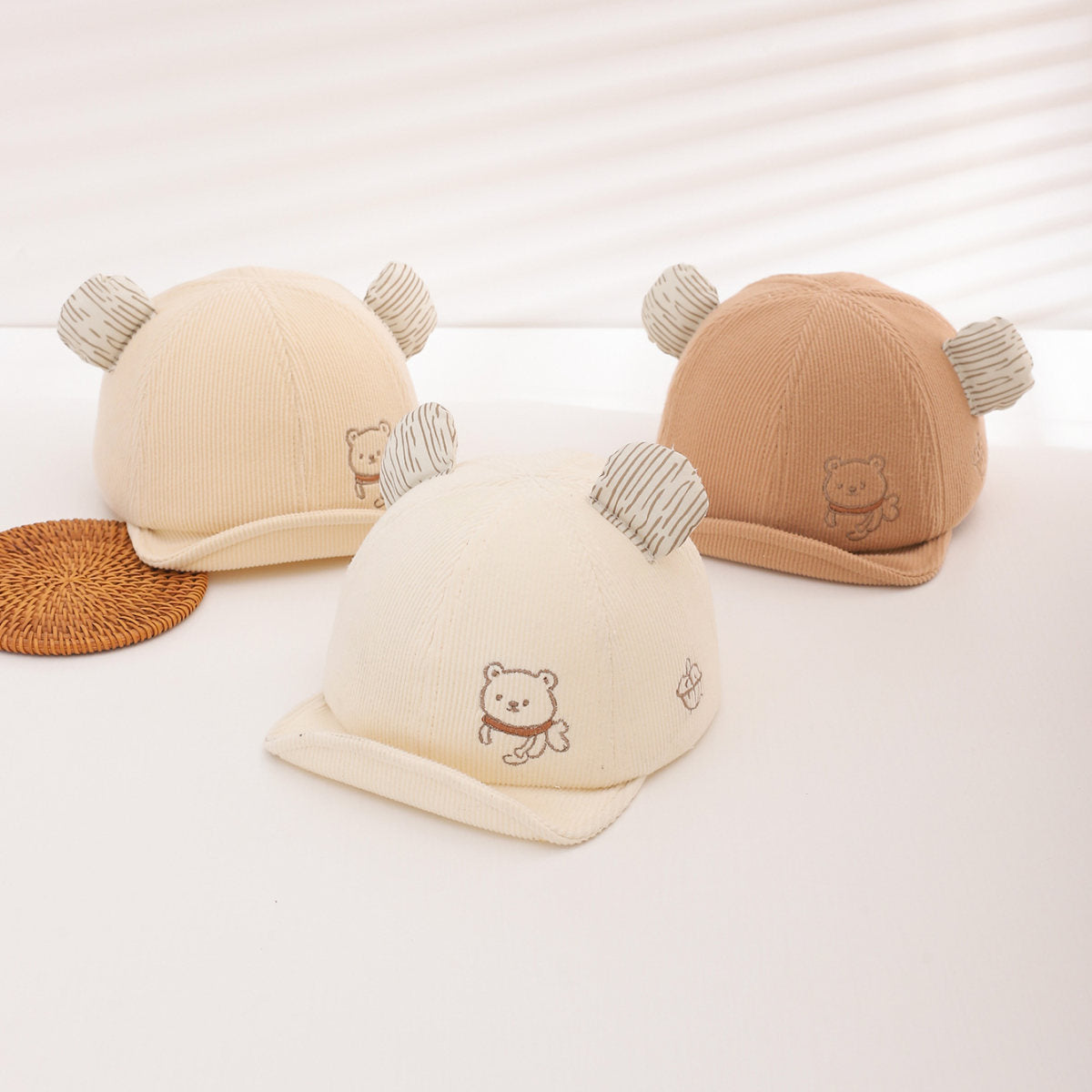 Fall Boys And Girls Bear Embroidered Soft Top Short Brimmed Hat For Baby Soft Corduroy Children's Outdoor Travel Hat