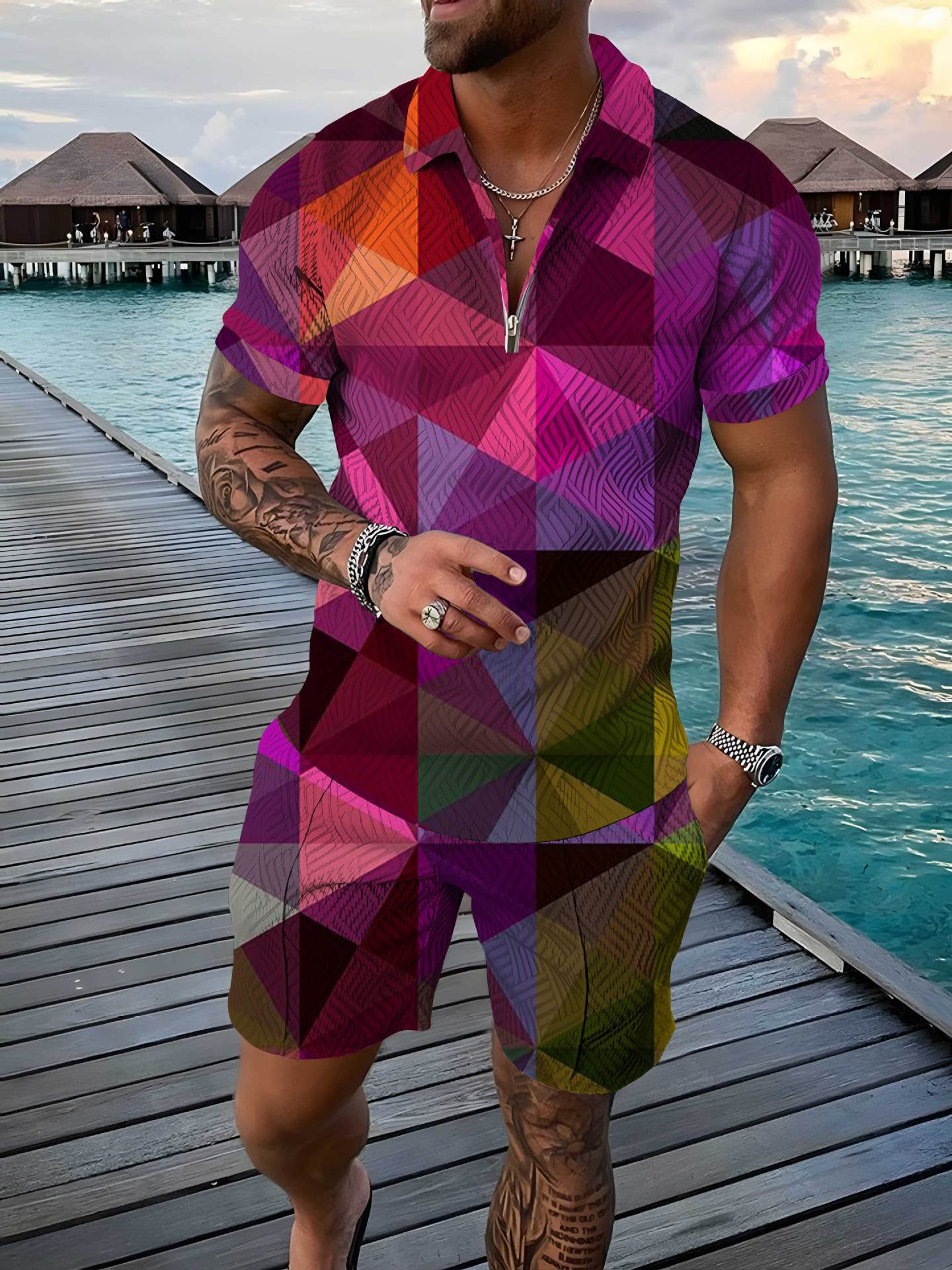 Fashion Zipper Polo Shirt Suit Men's Casual 3D Printed Polo Shirt Shorts