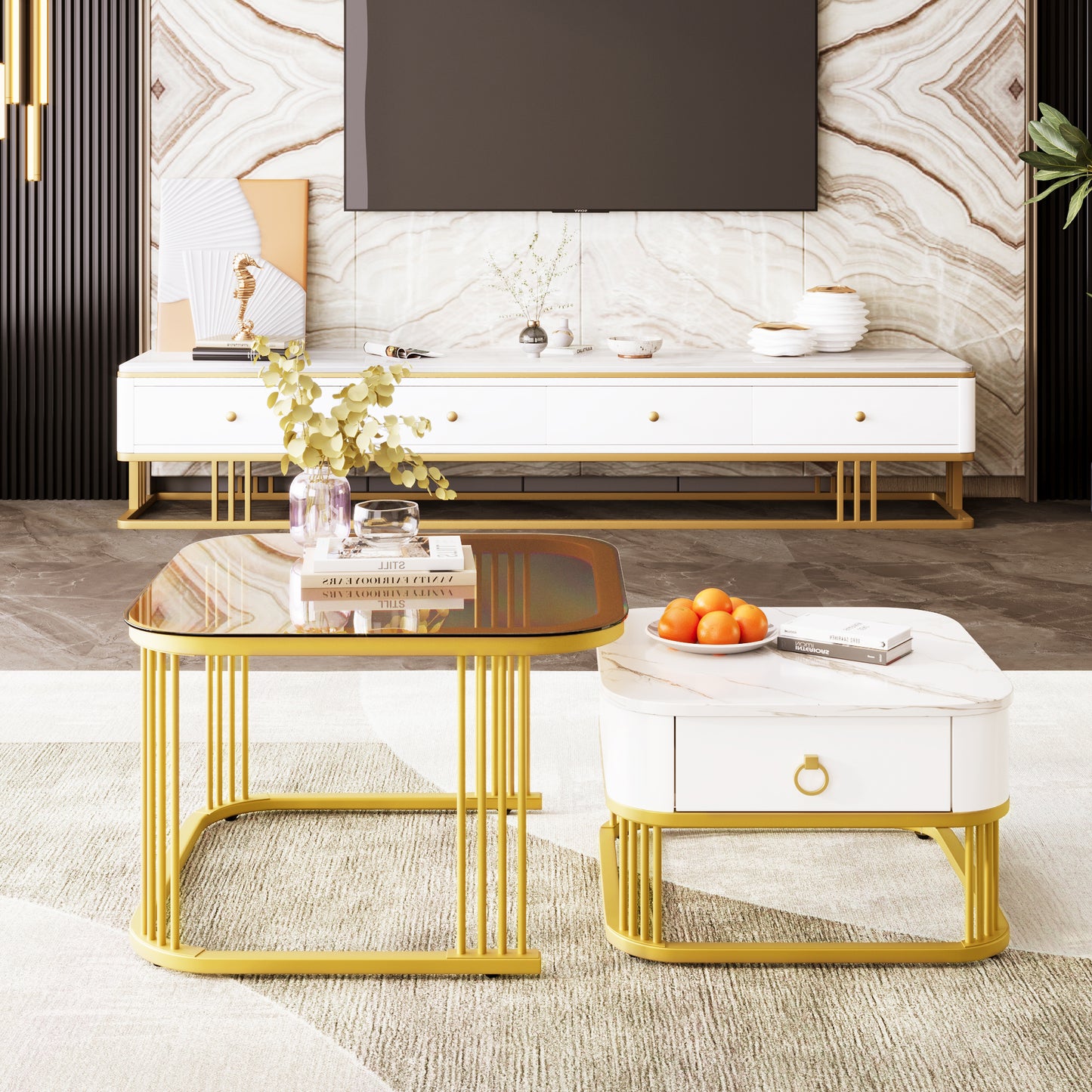 Stackable Coffee Table High-gloss Marble Look And Tea Brown Glass Top, Gold Accents, Side Table With Drawers. Two-piece Set