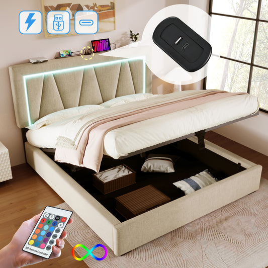 Upholstered Bed LED Double Bed With USB Type-C Charging Function And LED Lighting,Storage Beds Bed Frame Made Of Linen Material Youth Bed 140x200 With Slatted Base Without Mattress
