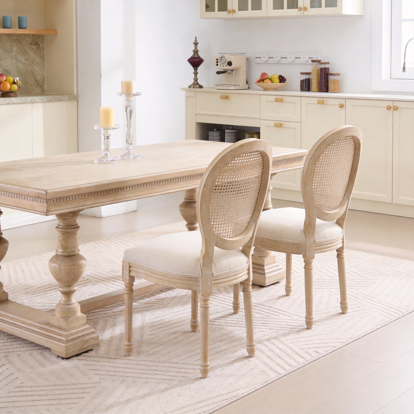 French Country Dining Chairs Set Of 2, Upholstered  Chairs With  Rattan Round Back, Wire Drawing And Carving Techniques ,Disassemblable ,  For Living Room, Kitchen , Restaurant Use, Beige