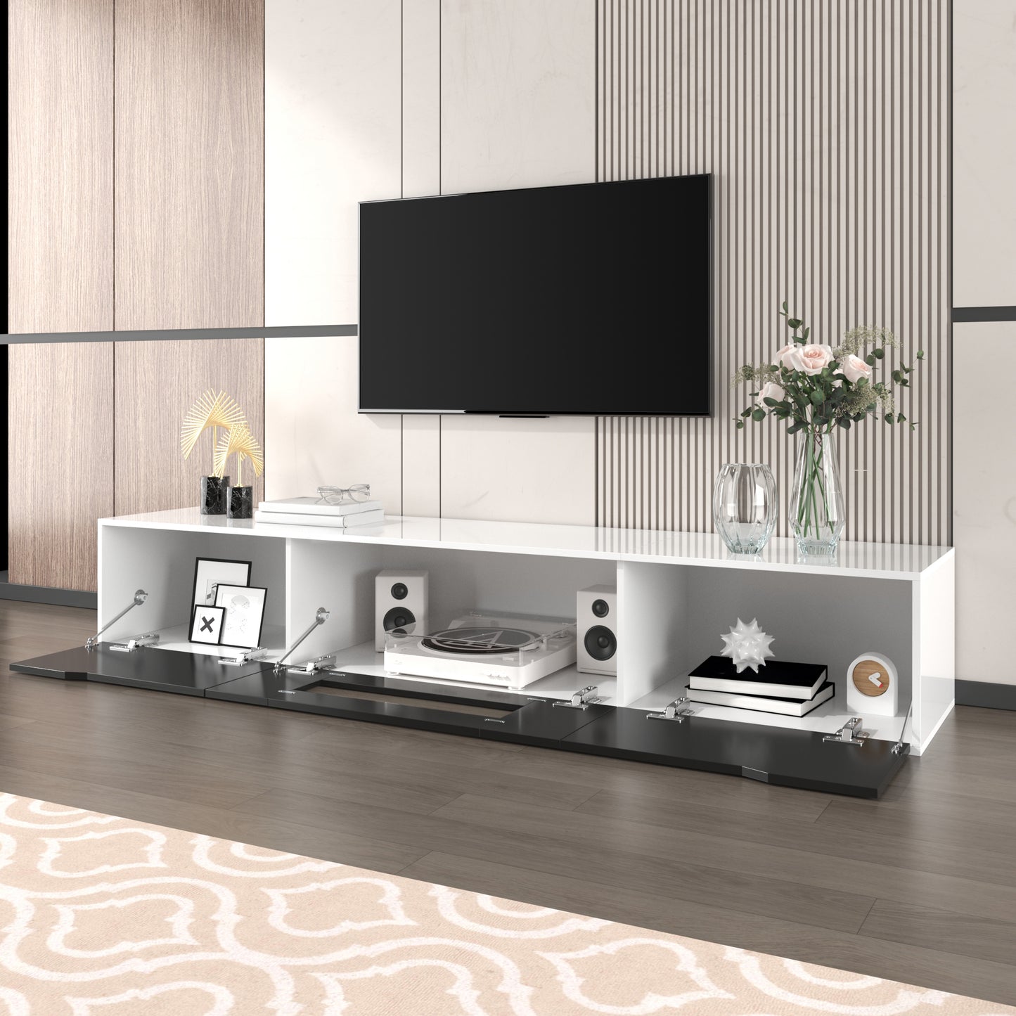 Modern Display Cabinet & TV Cabinet, High-gloss In Black And White, With Colour-changing LED Lighting  Front In Black High-gloss