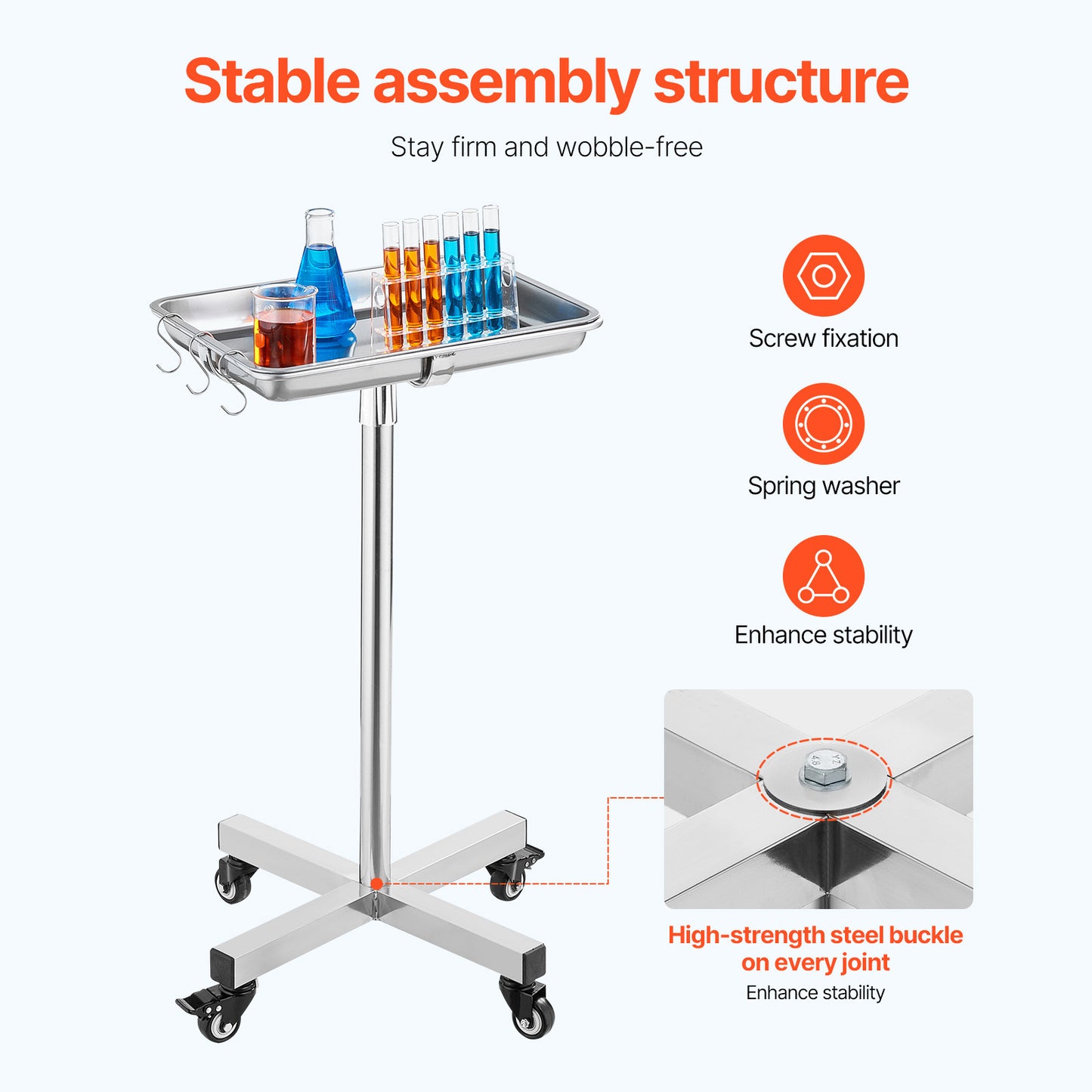 Mayo Stand, Stainless Steel Mayo Tray, Load Capacity Up To 35 Lbs, Adjustable Height 25.2-39.8, Medical Tray On Wheels With Removable Tray For Spa, Salon, Clinic, Personal Care