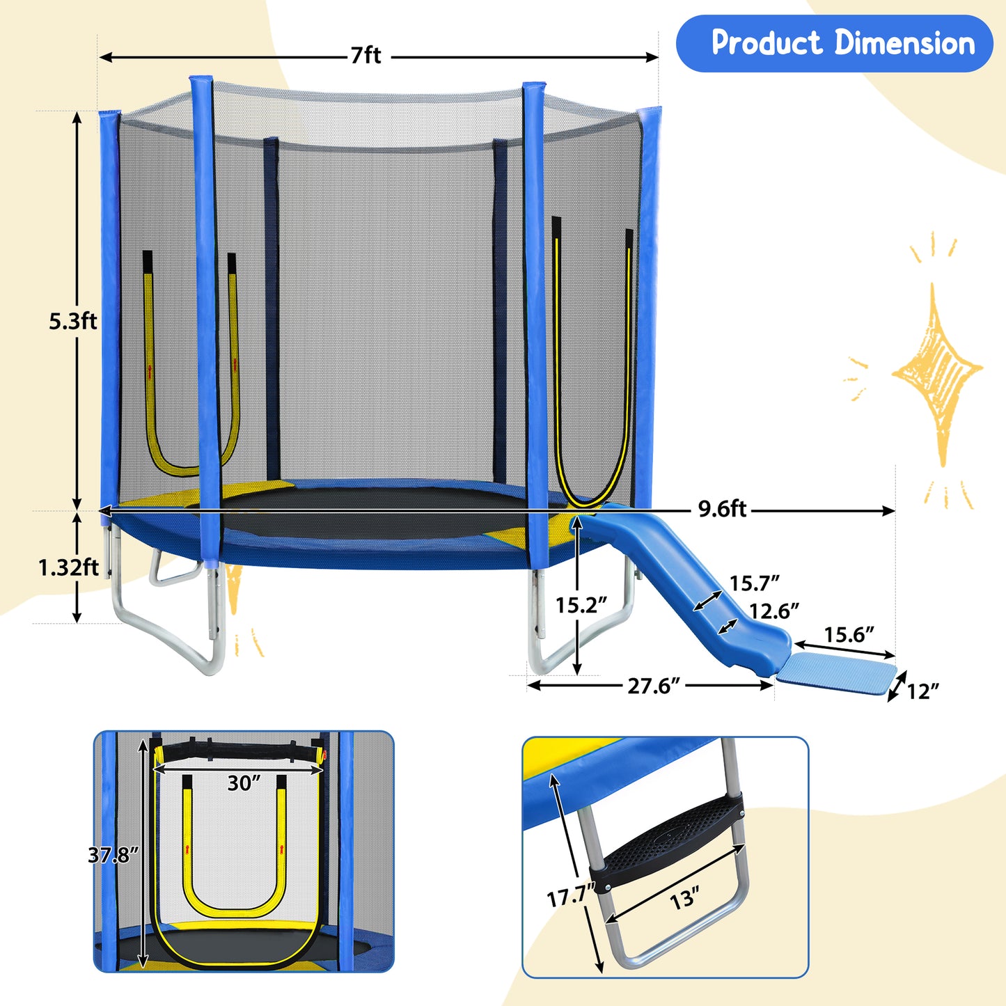 7FT Trampoline For Kids With Safety Enclosure Net, Slide And Ladder, Easy Assembly ,Regular Hexagon Outdoor Recreational Trampoline, Blue