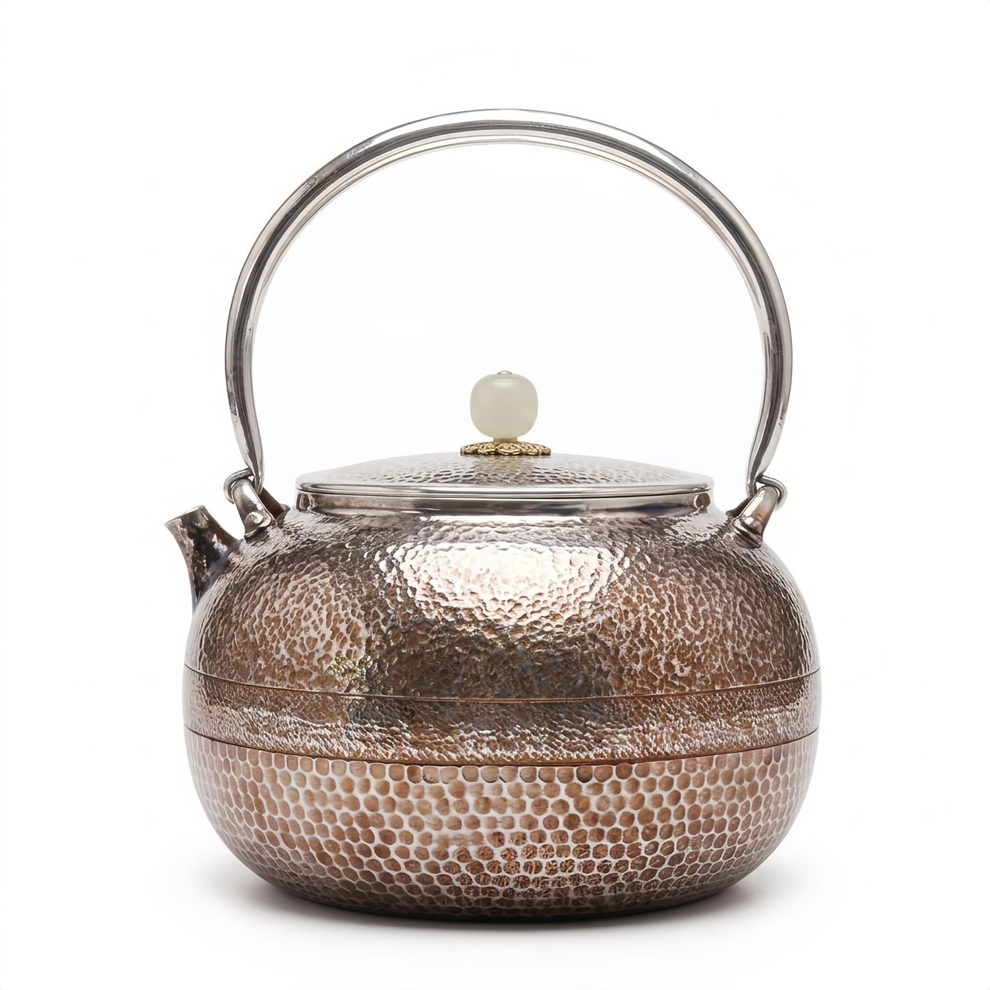 925 Sterling Silver Elegant Hand-Hammered Silver Tea Kettle with Jade Knob and Arched Handle - Handicraft