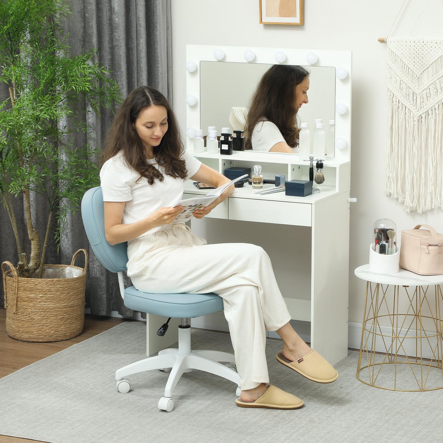 Vinsetto Vanity Office Chair, PU Leather Computer Chair For Home, With Adjustable Height, Armless, Swivel Wheels, Blue
