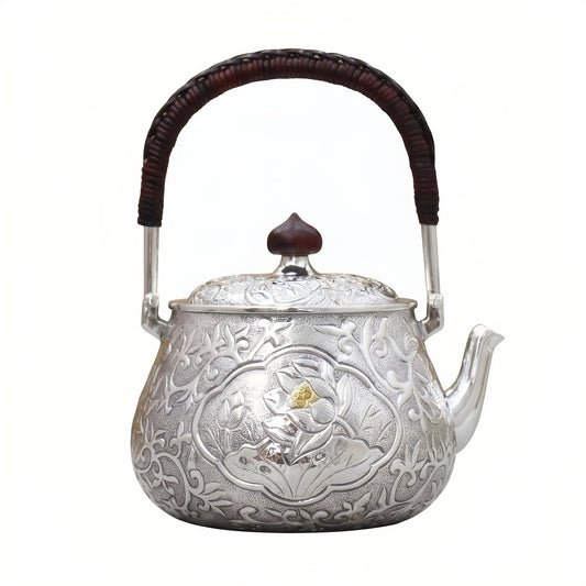 925 Sterling Silver Ornate Handcrafted Sterling Silver Tea Kettle with Lotus Flower Motif and Dark Woven Handle - Handicraft