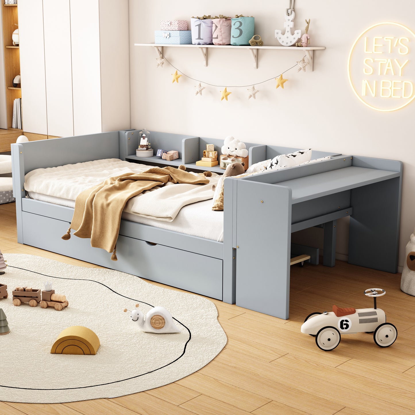 90x200cm, Flat Bed, With Pull-out Bed, With Desk, Three Shelves On The Side Of The Bed, Grey