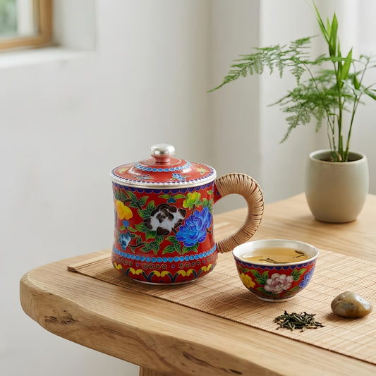 925 Sterling Silver Handcrafted Enamel Tea Cup with Bamboo Handle and Vibrant Floral Design-Premium Indigo Tea Mug - Handicraft