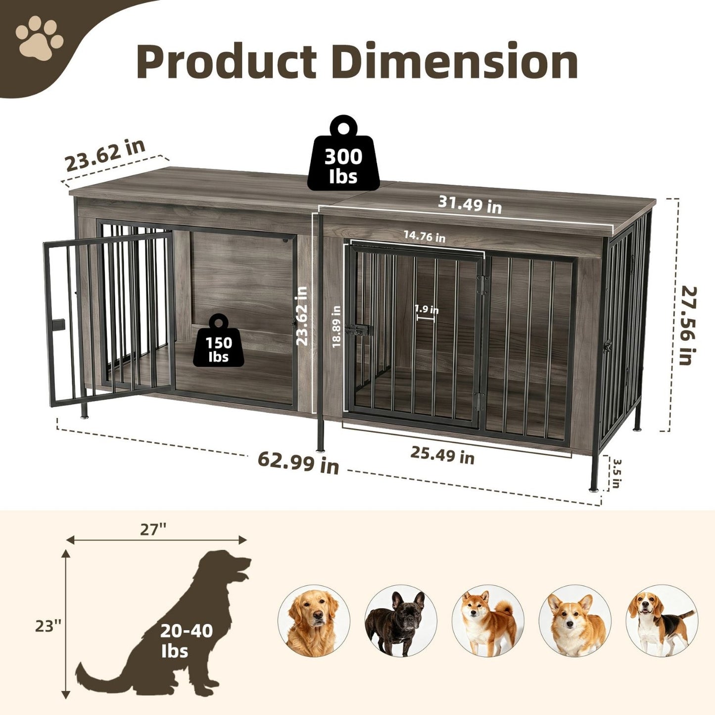 Double Dog Crate Furniture With Divider, Heavy Duty Pet Kennel End Table TV Stand, Extra Large Double Door