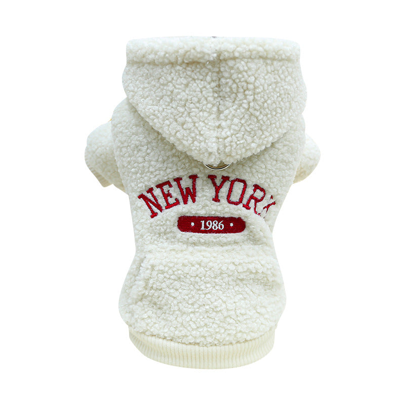 Retro New York Style Embroidered Hoodie With Leash Attachment For Small Dogs