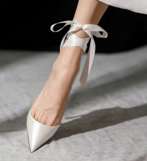 Women White Pointed Toe Stiletto Heels, French Style Ribbon Wrap Bridesmaid Wedding Shoes, European & American Fashion Pumps