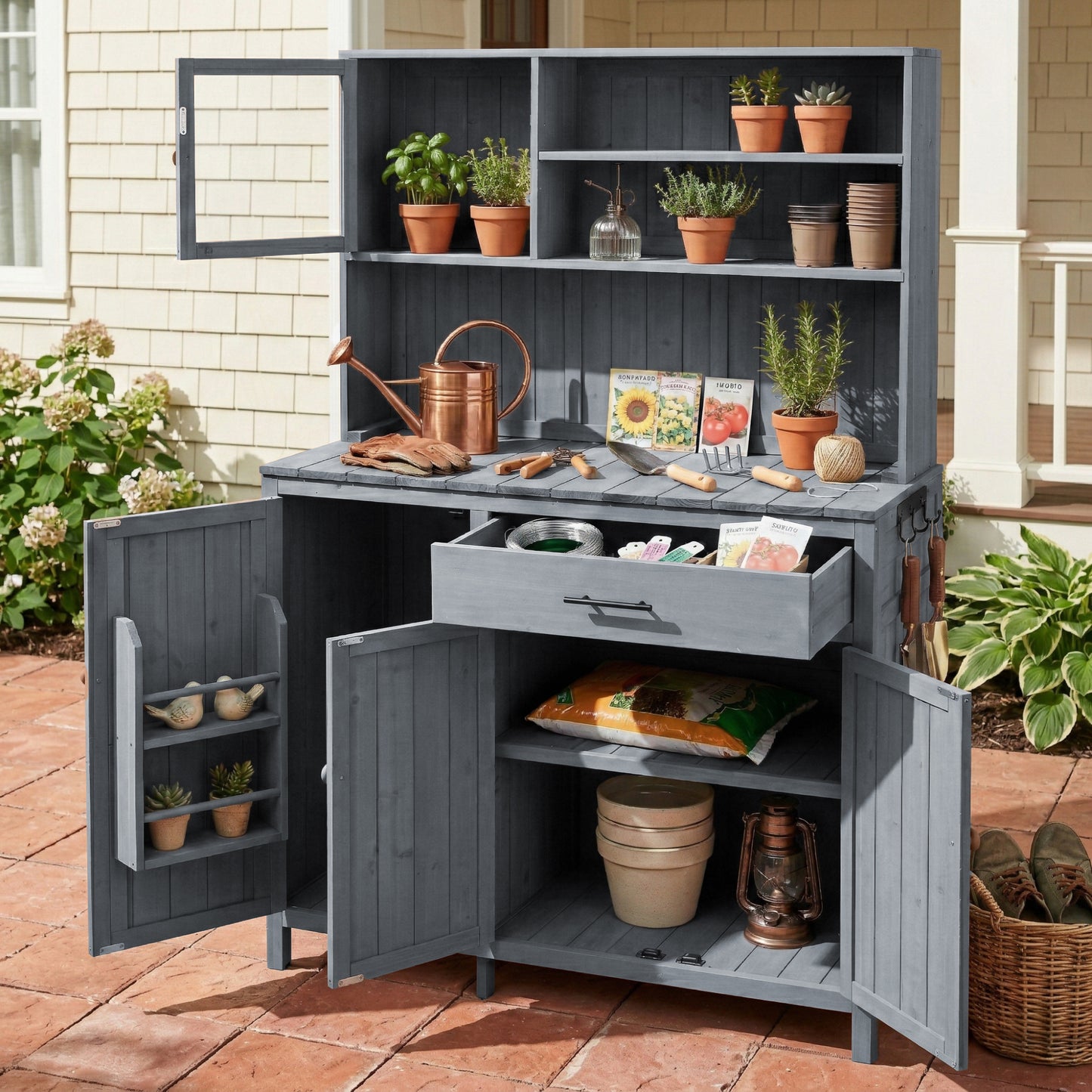 With Assembly Video  TOPAMx Potting Bench With Hutch  65  H Solid Fir Wood Garden Workstation  Large Countertop  Patio Kitchen Island With Adjustable Shelves  Spice Rack  Side Hook And Drawer  Gray