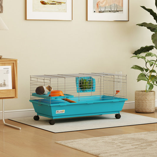 35"L Small Animal Cage, Rolling Bunny Cage, Guinea Pig Cage with Wheels, Food Dish, Water Bottle, Hay Feeder, Blue