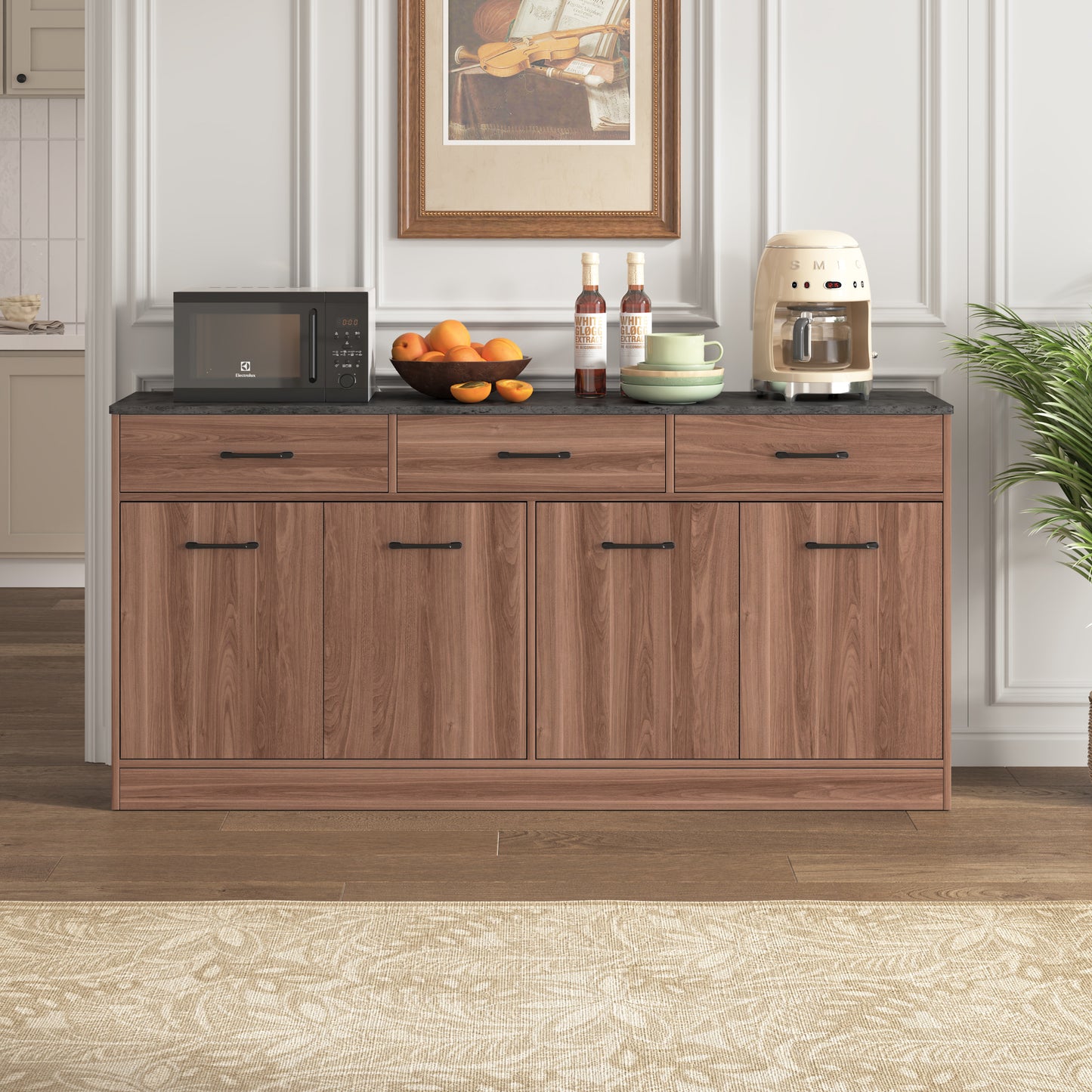 Kitchen Cabinet Sideboard With 3 Drawers & Adjustable Shelves, 160cm Kitchen Island With Concrete Look Worktop, Walnut Look, 76.5x160x37cm