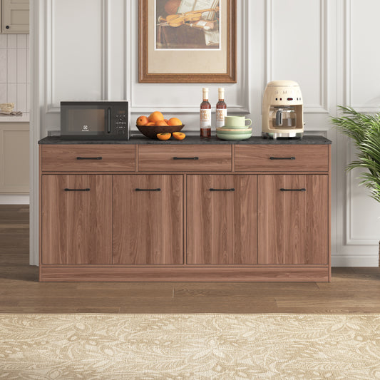 Kitchen Cabinet Sideboard With 3 Drawers & Adjustable Shelves, 160cm Kitchen Island With Concrete Look Worktop, Walnut Look, 76.5x160x37cm