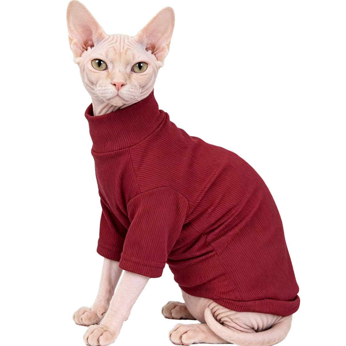 Sphynx Cats Clothes Hairless Cats Shirt Turtleneck Sphynx Clothes Kitten Sweater T-Shirts With Sleeves Pet Pajamas For Cornish Rex Devon Rex Peterbald,Wine