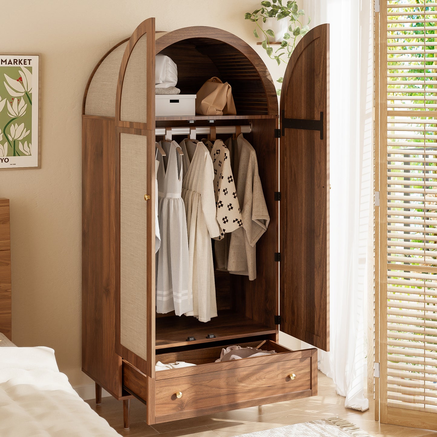 Elegant Wardrobe With Fabric Doors  Drawer, Clothes Cabinet  Walnut Look, Sturdy Wooden Legs, Practical Storage For Clothing & Accessories  Ideal For Bedroom, Guest Room Or Dressing Room