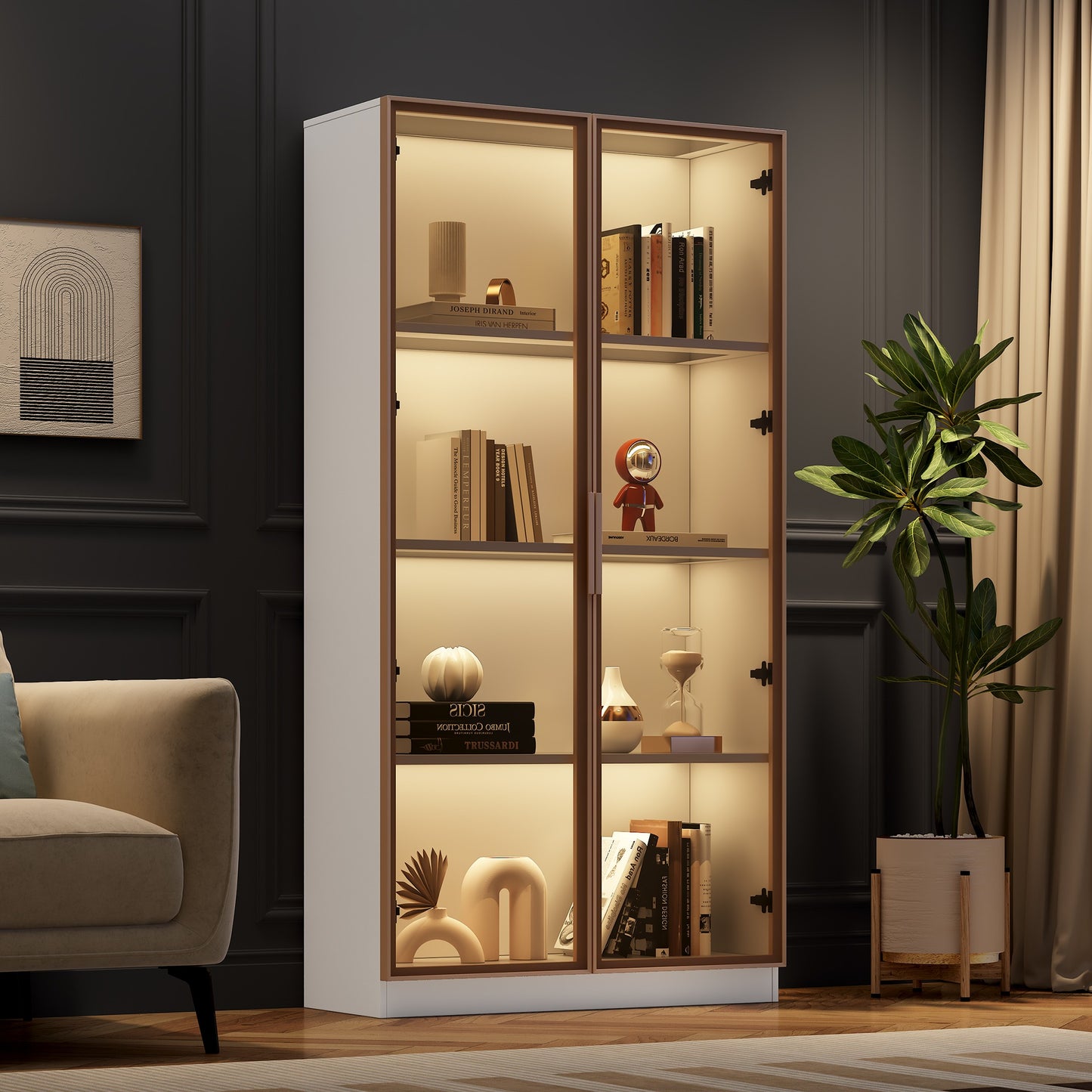 Glass Display Case With LED Lighting, Double Door Display Case With Movable Shelves, 80x40x160cm, Tall Cabinet For Living Room, Stand Display Cabinet, Bathroom Cabinet