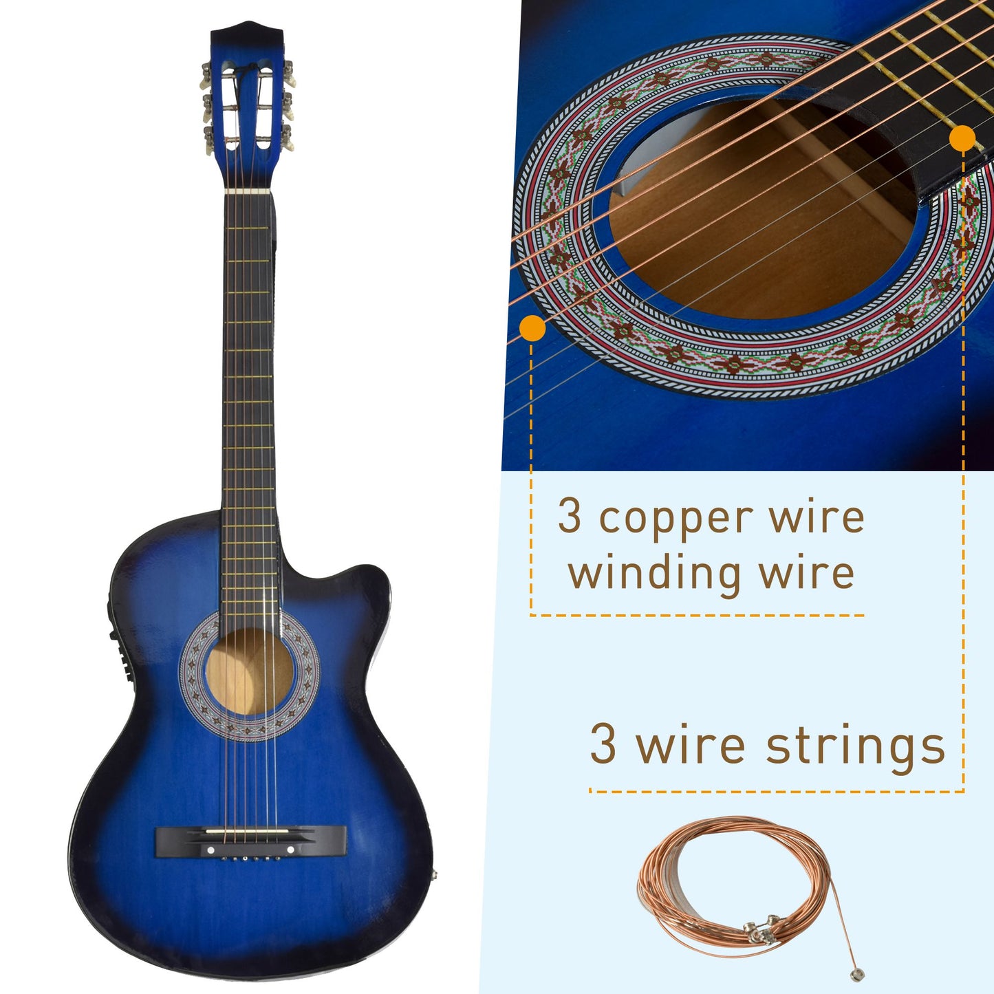 38 Inch Full Size Acoustic Electric Guitar, Classical Beginner Junior Adult Guitar Gloss Finish With Carrying Case, Strap, Picks, Spare Strings - Blue