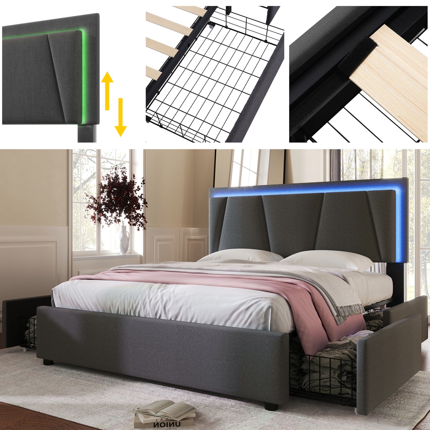 Upholstered Bed With LED Lighting And 4 Drawers,Height-adjustable Headboard,Double Bed 140x200cm Storage Beds Bed Frame, Wooden Slatted Base, Grey  Without Mattress