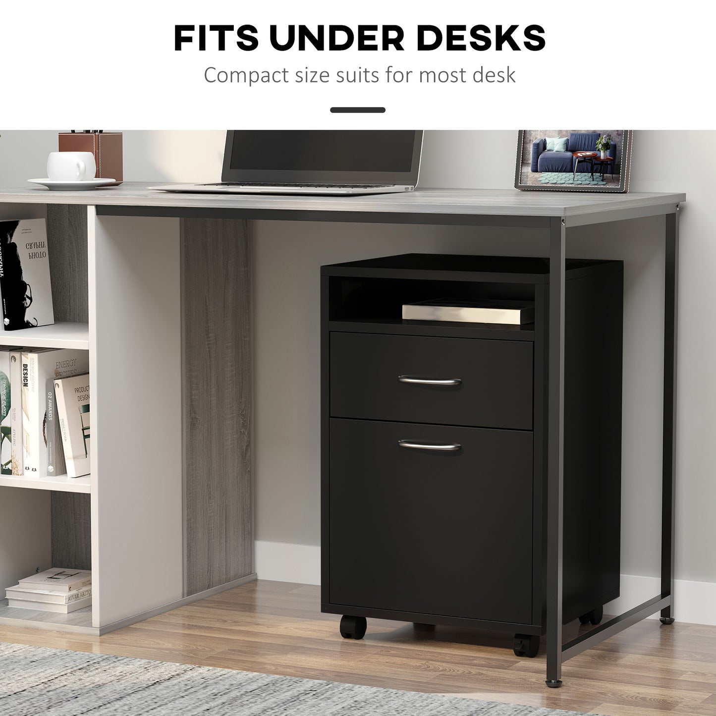 60cm Filing Cabinet With Drawer, Open Shelf, Metal Handles And 4 Wheels, Office Home Organiser Mobile Printer, Black