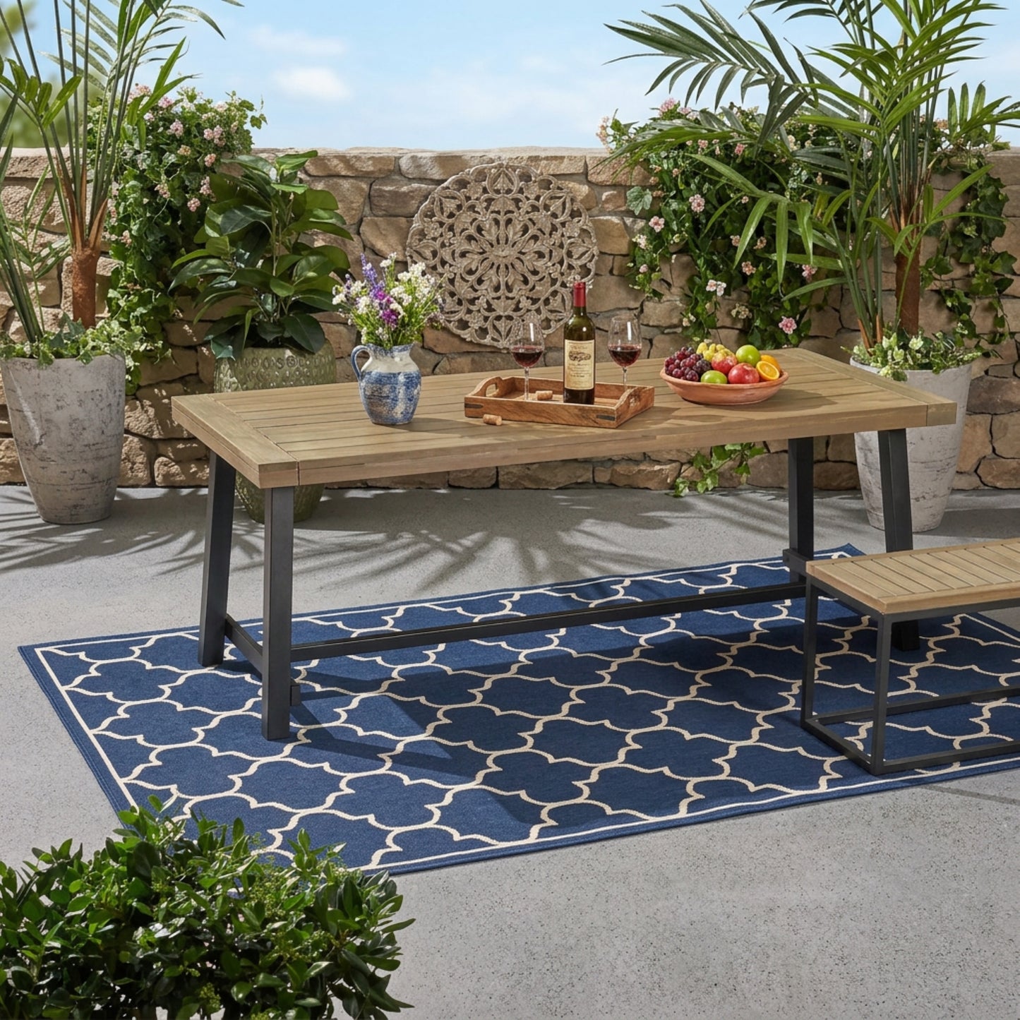 Outdoor Acacia Wood Dining Table,Grey Rustic Metal