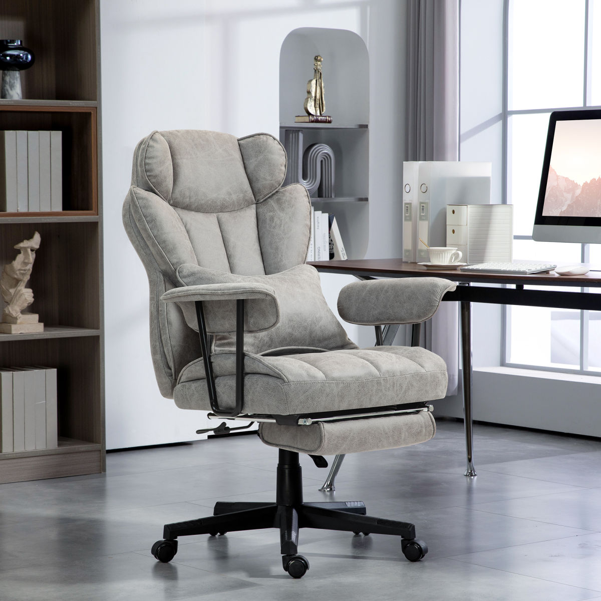 400LBS Big and Tall Office Chair, Massage Office Chair with Footrest, Lumbar Support and Reclining Function, Gray