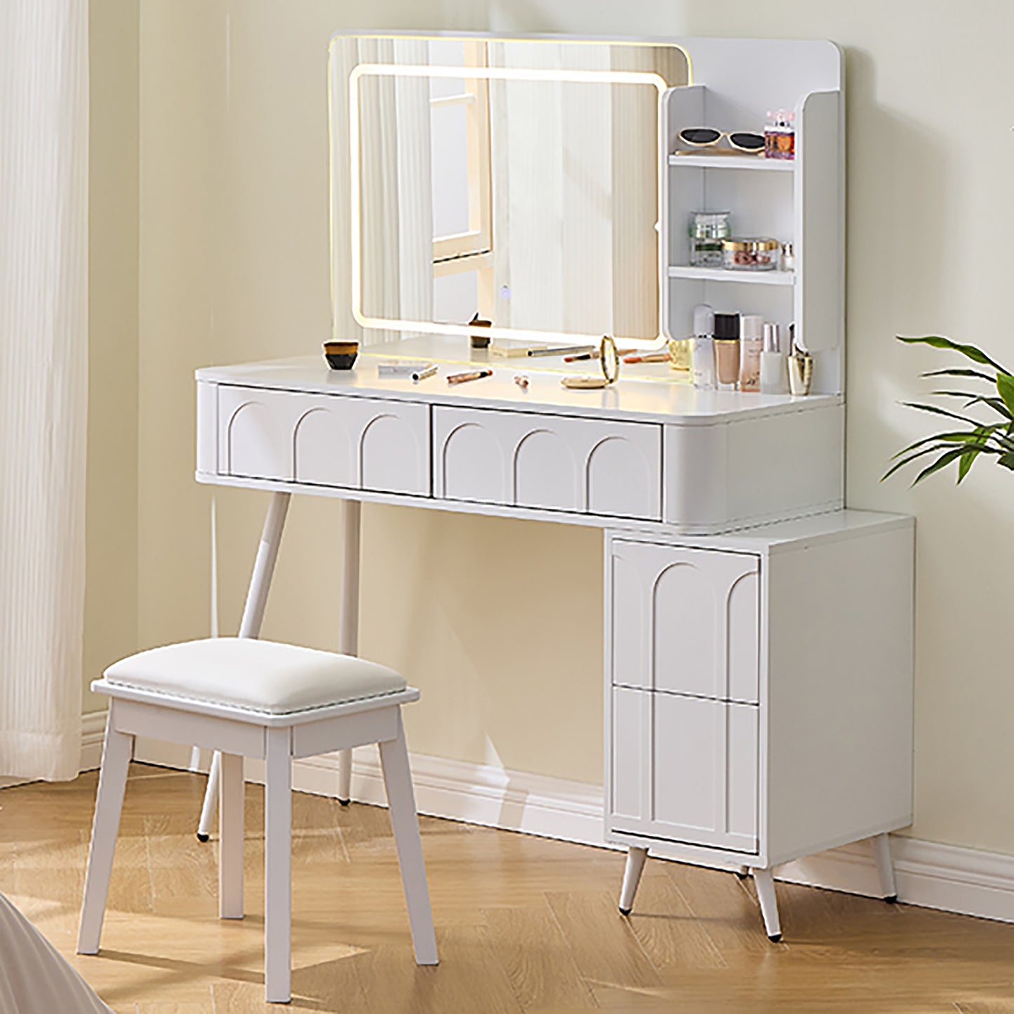 Modern Makeup Vanity Desk With LED Lights & Mirror, 4 Drawer Dressing Table Set With Stool, 3 Colors Dimmable Brightness, Space-Saving For Bedroom, White