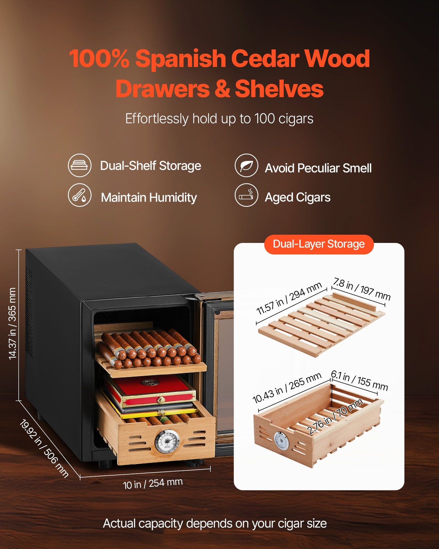 Electric Humidor, 16L,  One Hundred Counts Electric Cigar Humidor Cabinet With Cooling Temperature Control, Spanish Cedar Wood Shelves & Drawers, Mechanical Hygrometer, 2 Layers, Cooler For Household