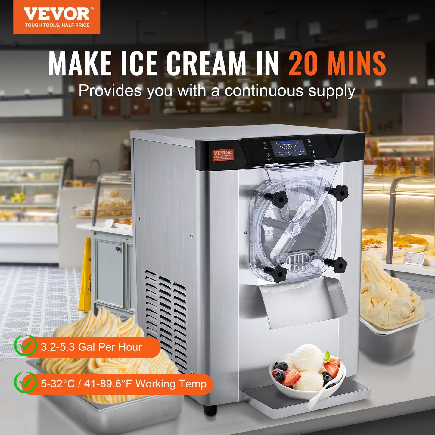Commercial Ice Cream Machine, 12 L/H Yield, 1713W Single Flavor Countertop Hard Serve Ice Cream Maker,  4.5L Stainless Steel Cylinder, LED Panel Auto Clean Pre-cooling, For Restaurant Snack Bars